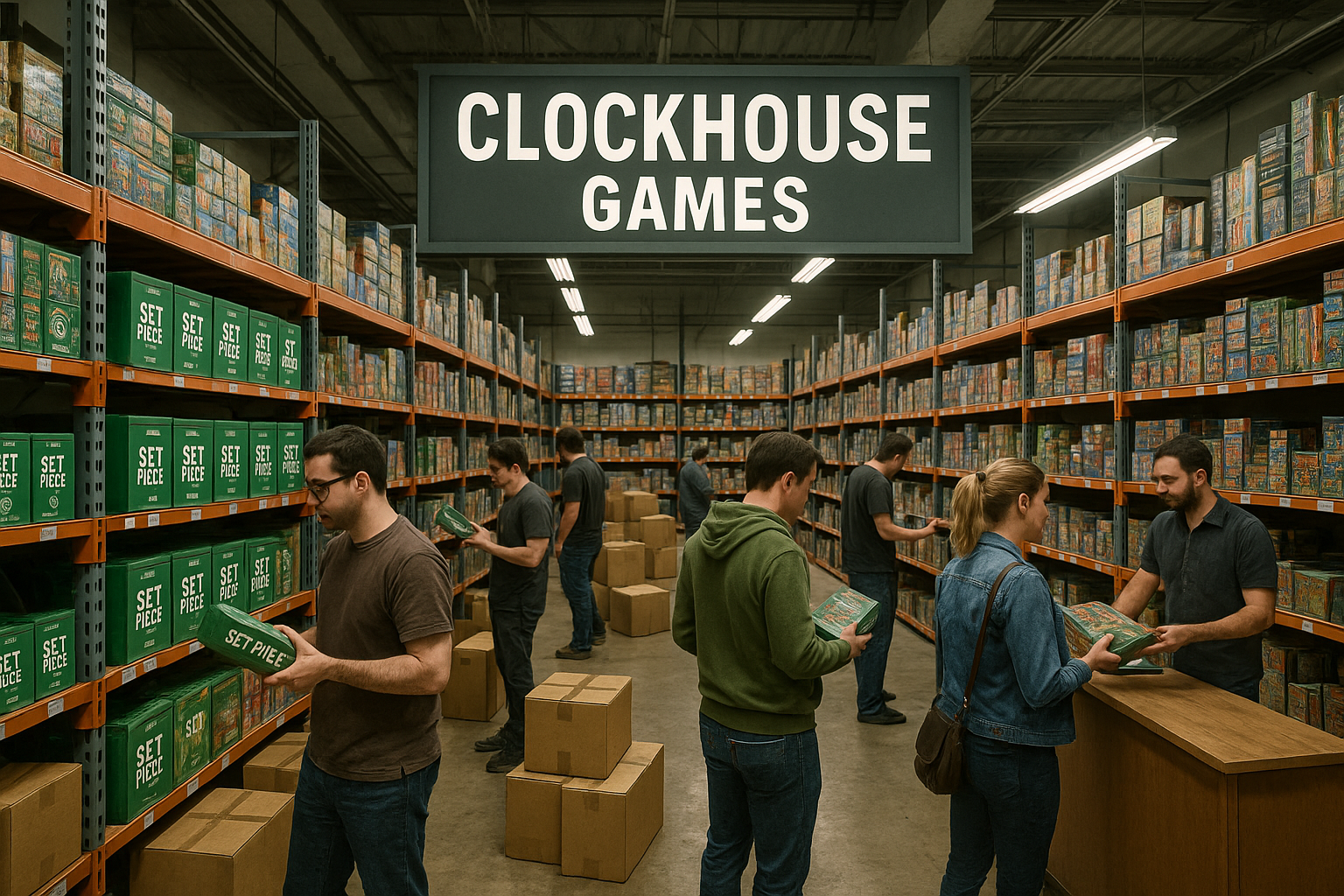 a realistic shop/warehouse with the sign clockhouse games with stacks of boxes and sheves with a gtreen card game with the logo SET PIECE  and people buying it